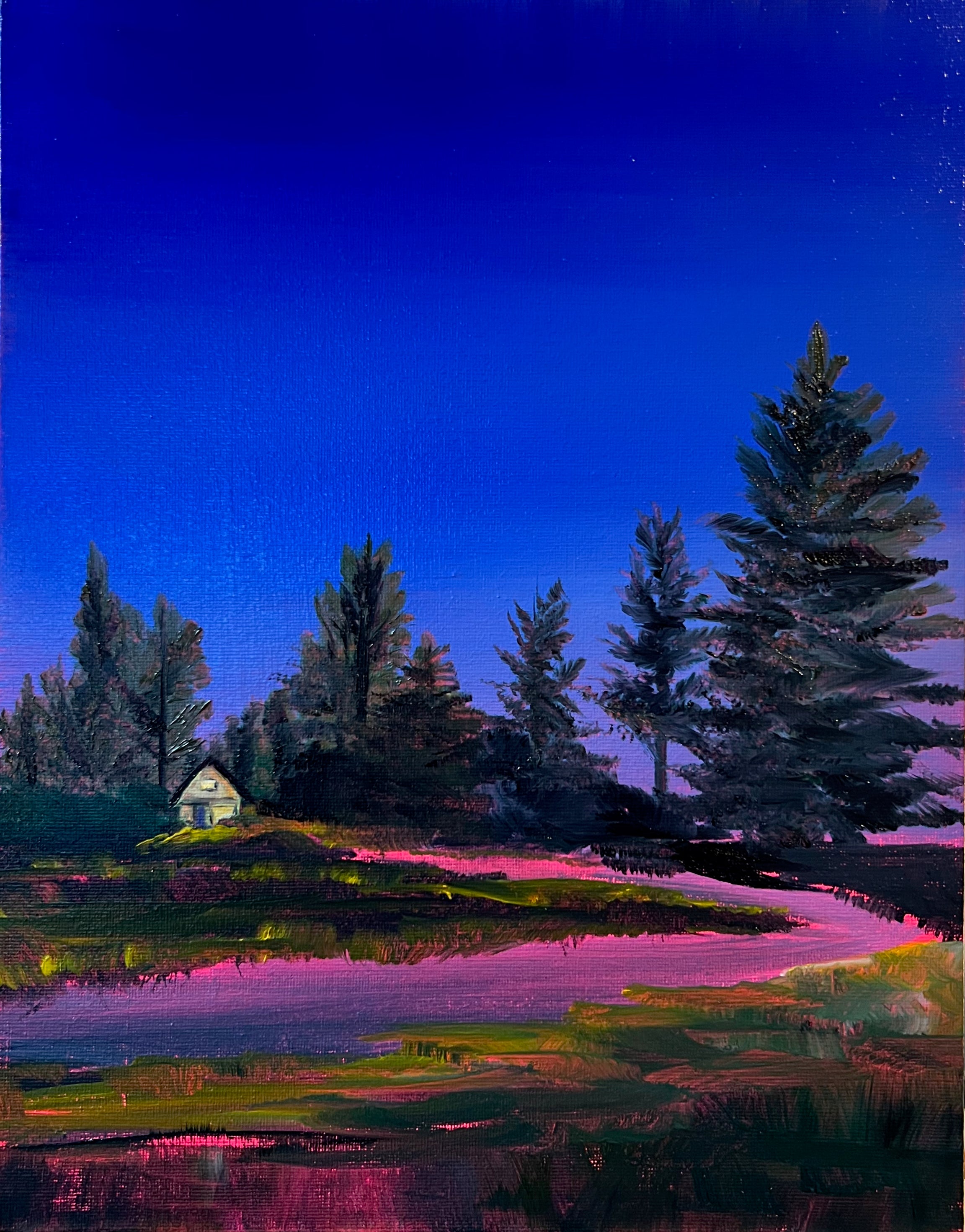 Original Oil Painting: "Drive to the Cabin": Darkening Sky, a Pink Glow, and Illuminated Trees (14" x 11")