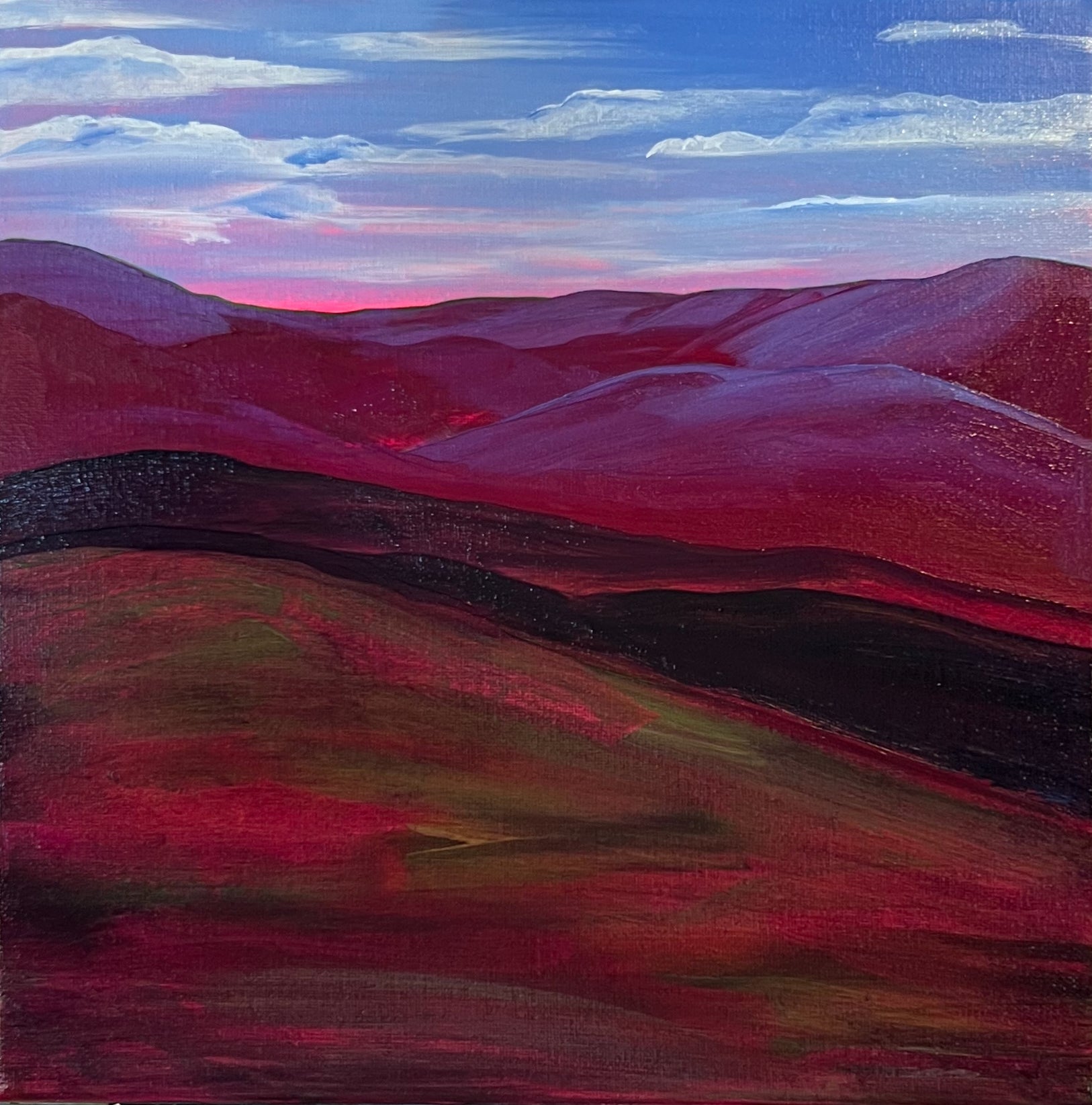 Original Oil Painting: "Glowing Hills": Blue Skies, Pink Horizon, Dark Rolling Hills (12" x 12")
