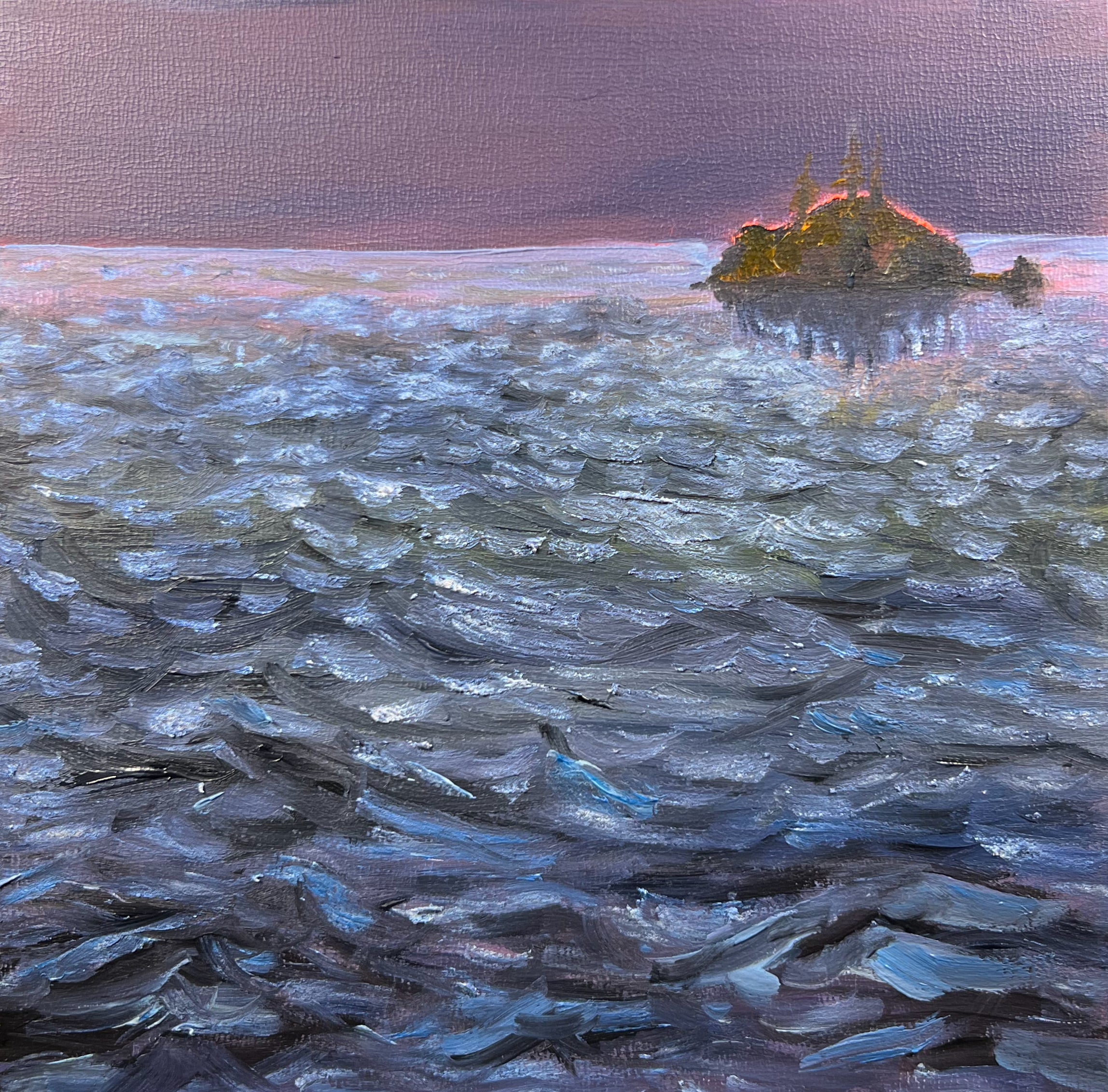 Original Oil Painting: "Tomales Bay Island": Dark Rough Waves at Sunset (8" x 8")