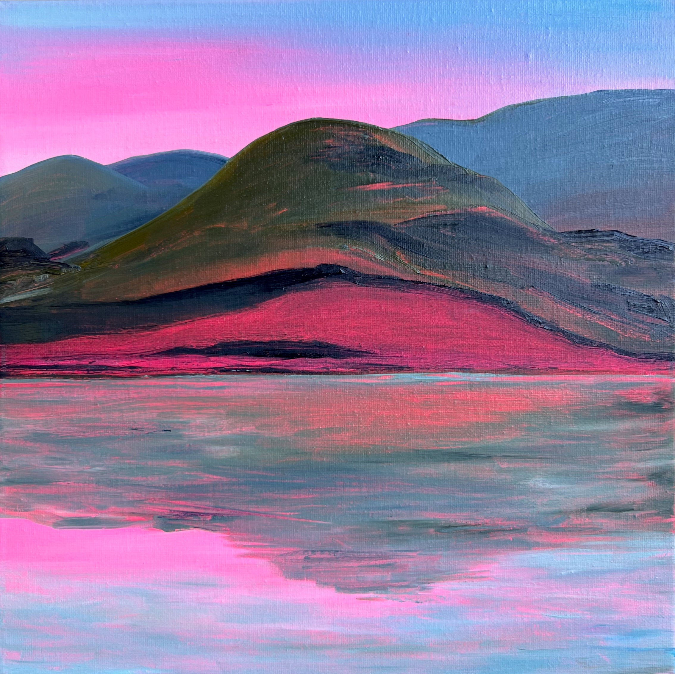 Original Oil Painting: "Marin Headlands at Sunset": Pink Skies, Dark Hills (12" x 12")