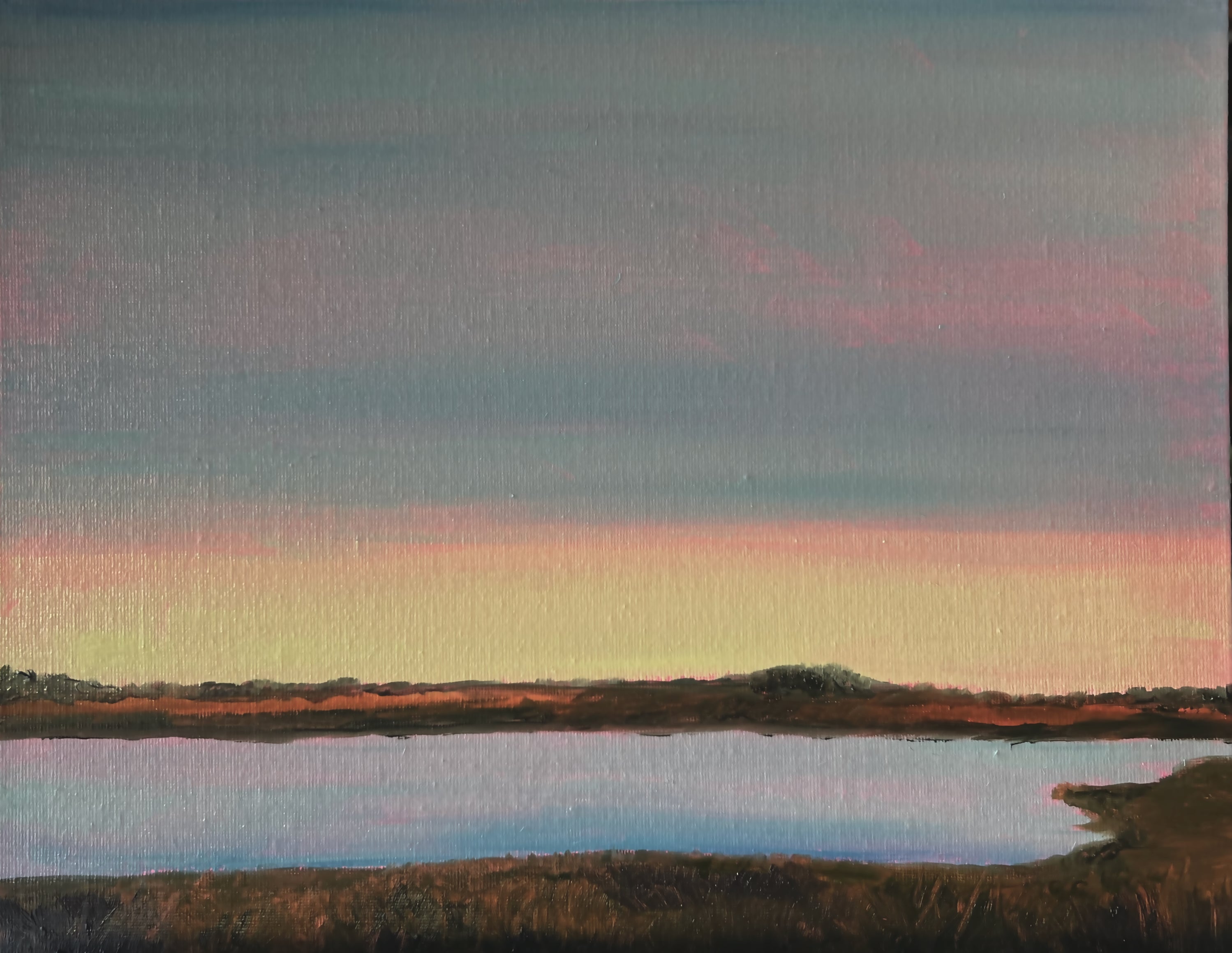 Original Oil Painting: "Sunrise at the Marsh": West Marin Sunrise Pale Pink, Yellow and Blue (11" x 14")