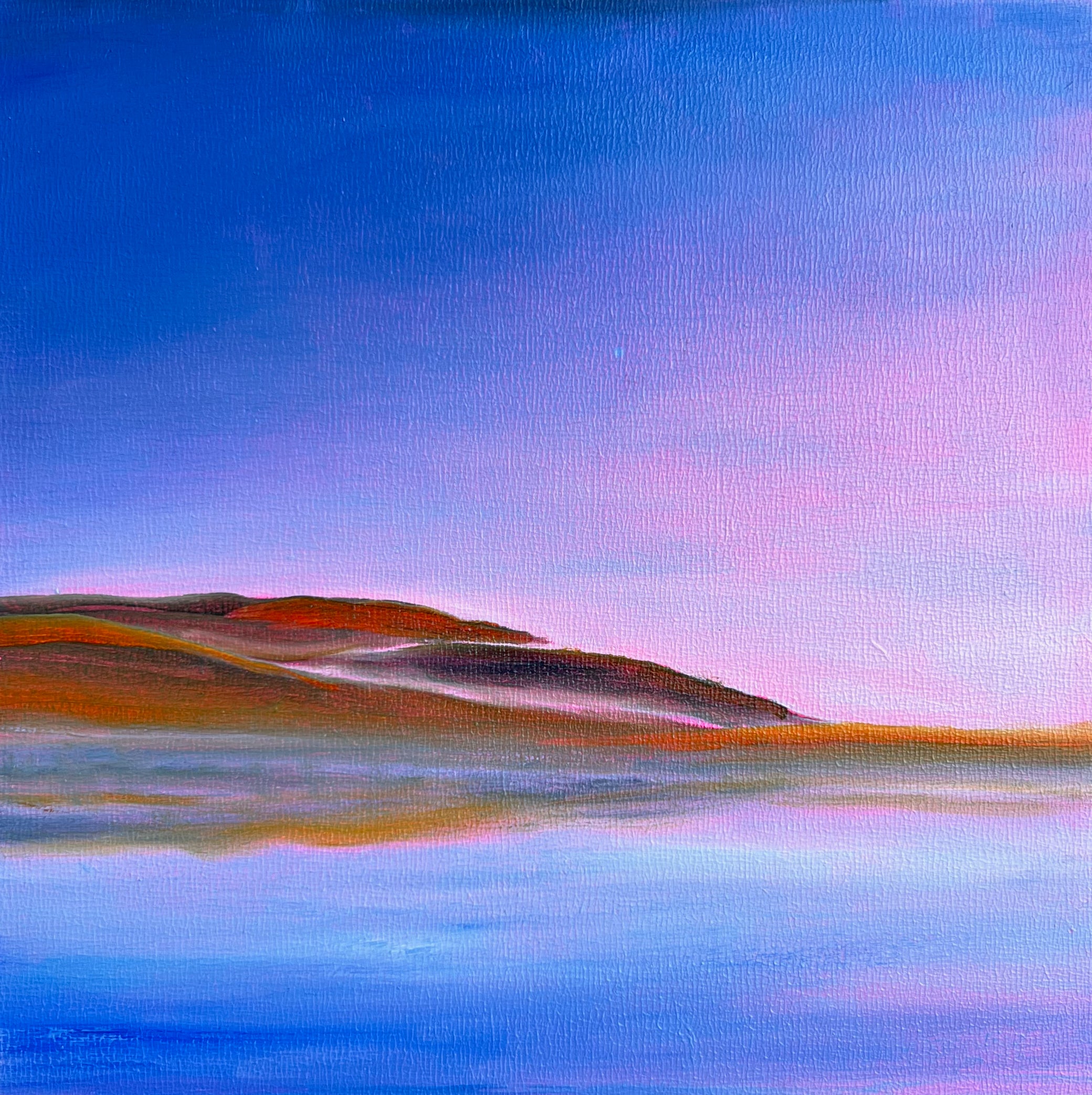 Original Oil Painting: "Tomales Bay Glow": Pink Sunset Over Glowing Hills and Tranquil Blue Bay (8" x 8")