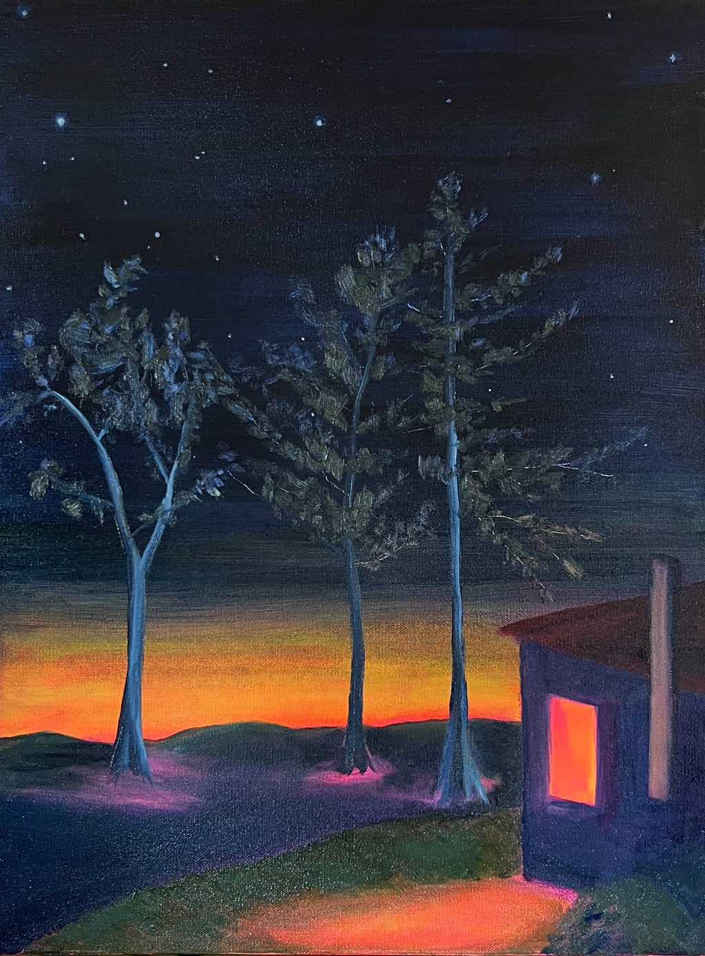 Original Oil Painting: "Last Light at the Cottage" Night Sky Sunset (24" x 18")